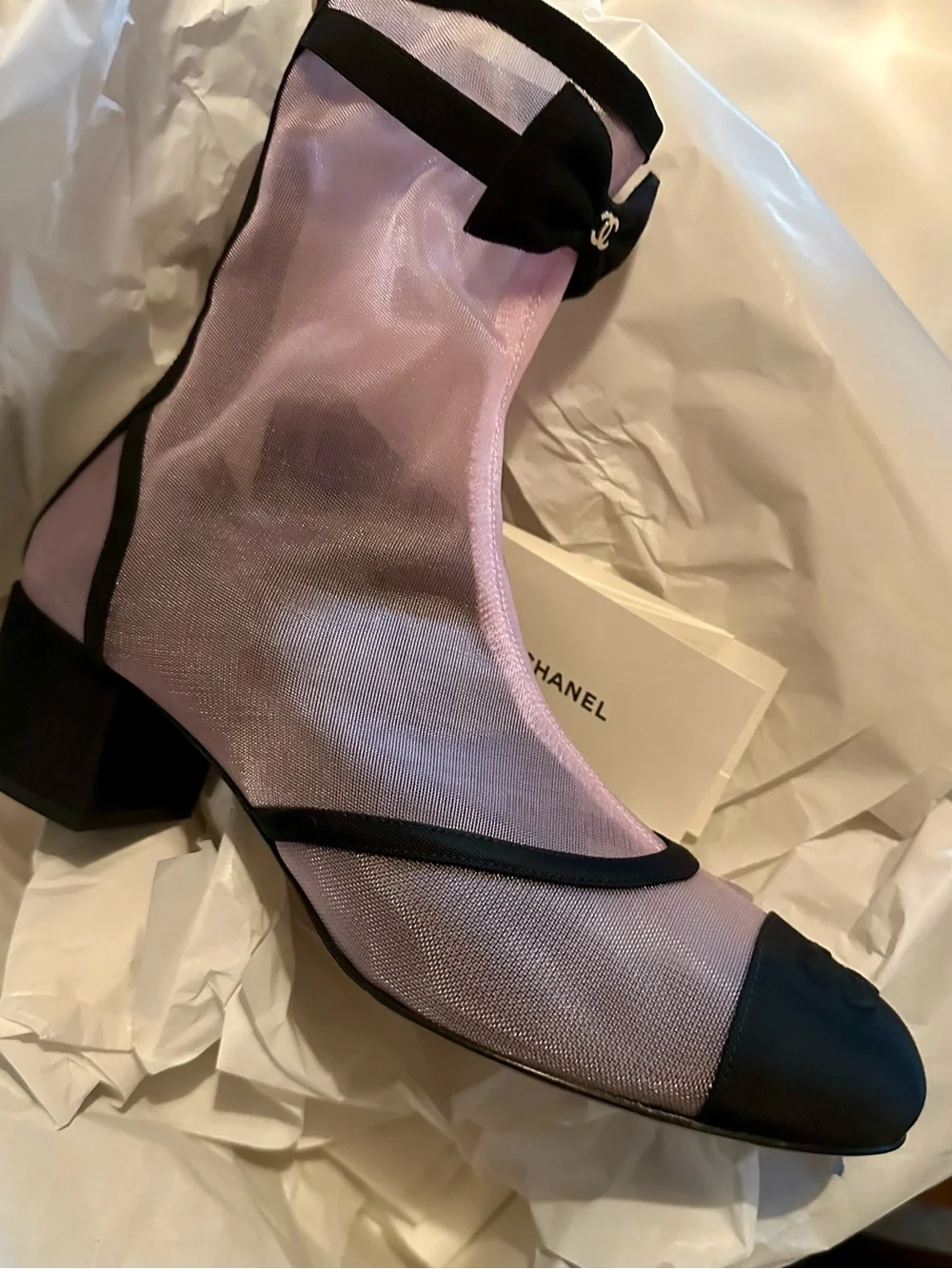 CHANEL Pink and Black Mesh Ankle Boots with Grosgrain Trim